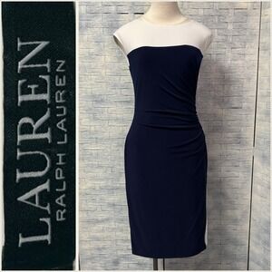 Lauren Ralph Lauren 4 Colorblock Sheath Dress Navy/White Ruched Midi Office wear